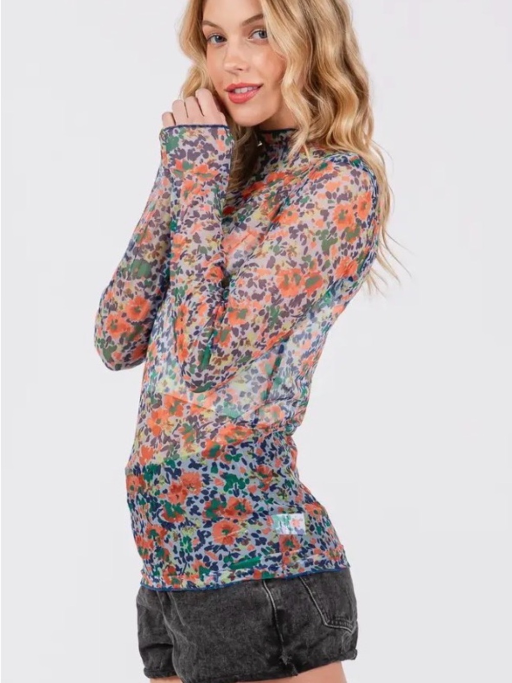 Sage + Fig Vintage-Inspired Orange & Blue Sheer Mesh Top - Picture 5 of 6